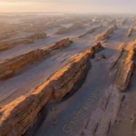 Aerial view of long, parallel yardang ridges in a desert, lit by low golden sunlight and casting long shadows