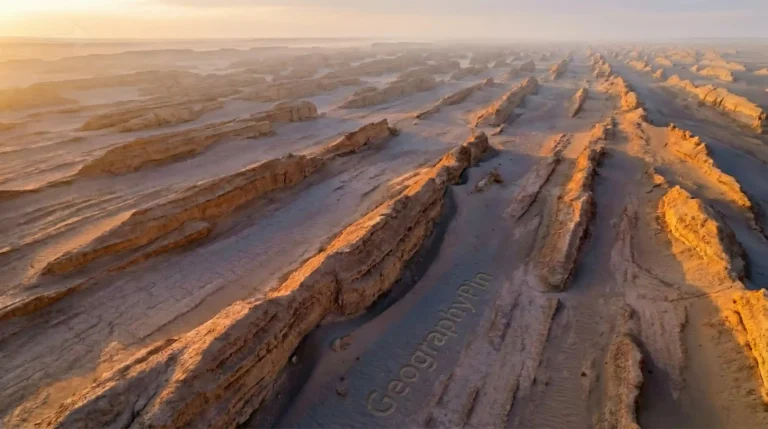 Aerial view of long, parallel yardang ridges in a desert, lit by low golden sunlight and casting long shadows