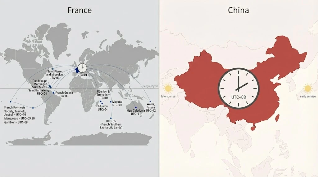 Map comparing France’s many time zones with China’s single UTC+08 national time zone.