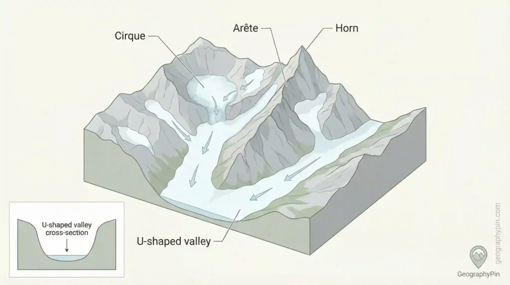 Diagram of glacial erosion features showing a cirque, arête, horn, and a U-shaped valley