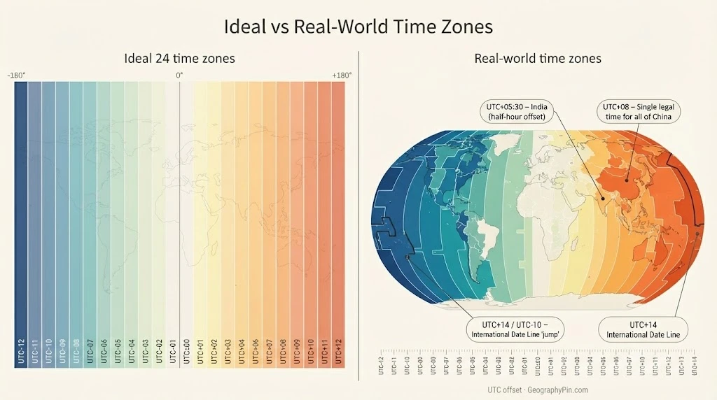 Infographic comparing ideal 24 time zones with the real-world time zone map and UTC offsets.