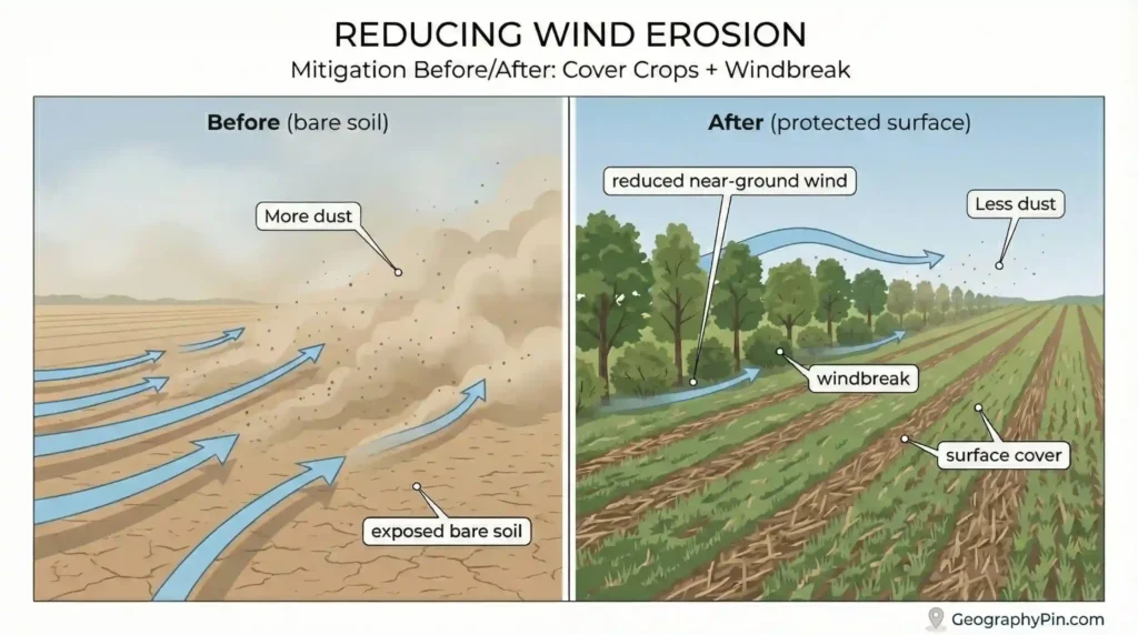 Before-and-after diagram showing bare soil producing more dust versus protected fields with windbreaks and surface cover producing less dust.