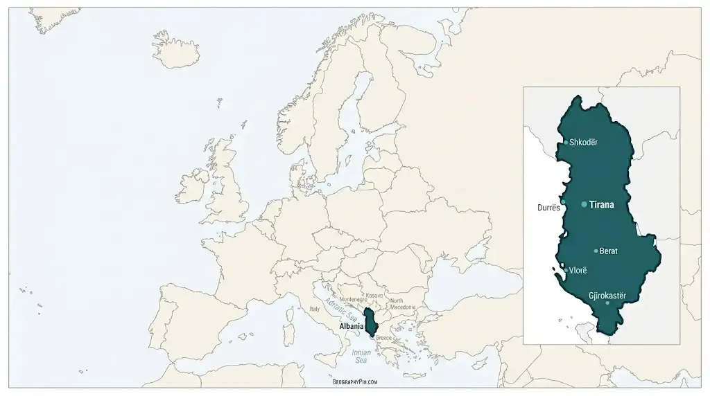 Map of Europe with Albania highlighted and inset map of Albanian cities.