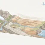 Panoramic cross-section showing glacier-fed river carving a gorge, wind-shaped yardangs in a dry basin, and wave erosion forming a coastal cliff and platform.