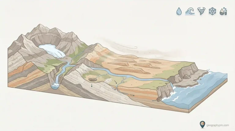 Panoramic cross-section showing glacier-fed river carving a gorge, wind-shaped yardangs in a dry basin, and wave erosion forming a coastal cliff and platform.
