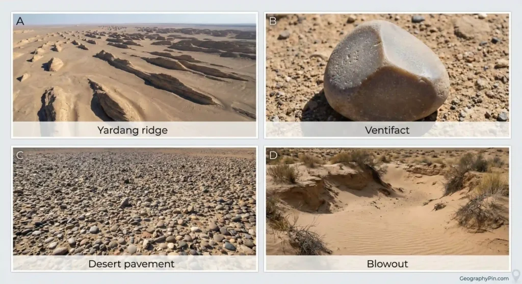 Four-panel montage of wind erosion landforms: yardang ridge, ventifact stone, desert pavement surface, and a sandy blowout hollow.
