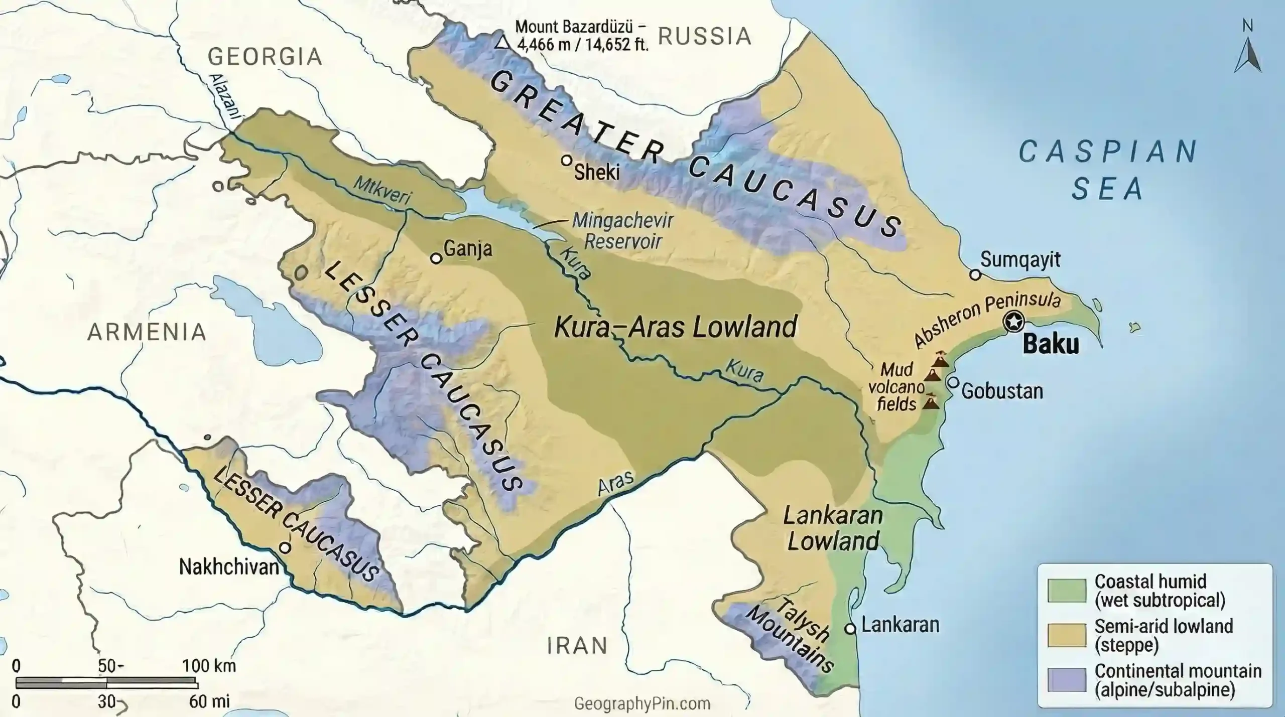 Map of Azerbaijan’s natural regions showing Greater and Lesser Caucasus, Kura–Aras Lowland and Lankaran Lowland.