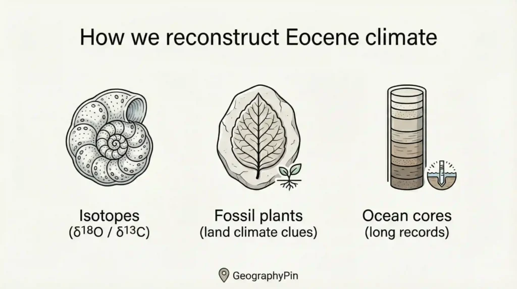 Icons showing how scientists reconstruct Eocene climate using isotopes, fossil plants, and ocean sediment cores.