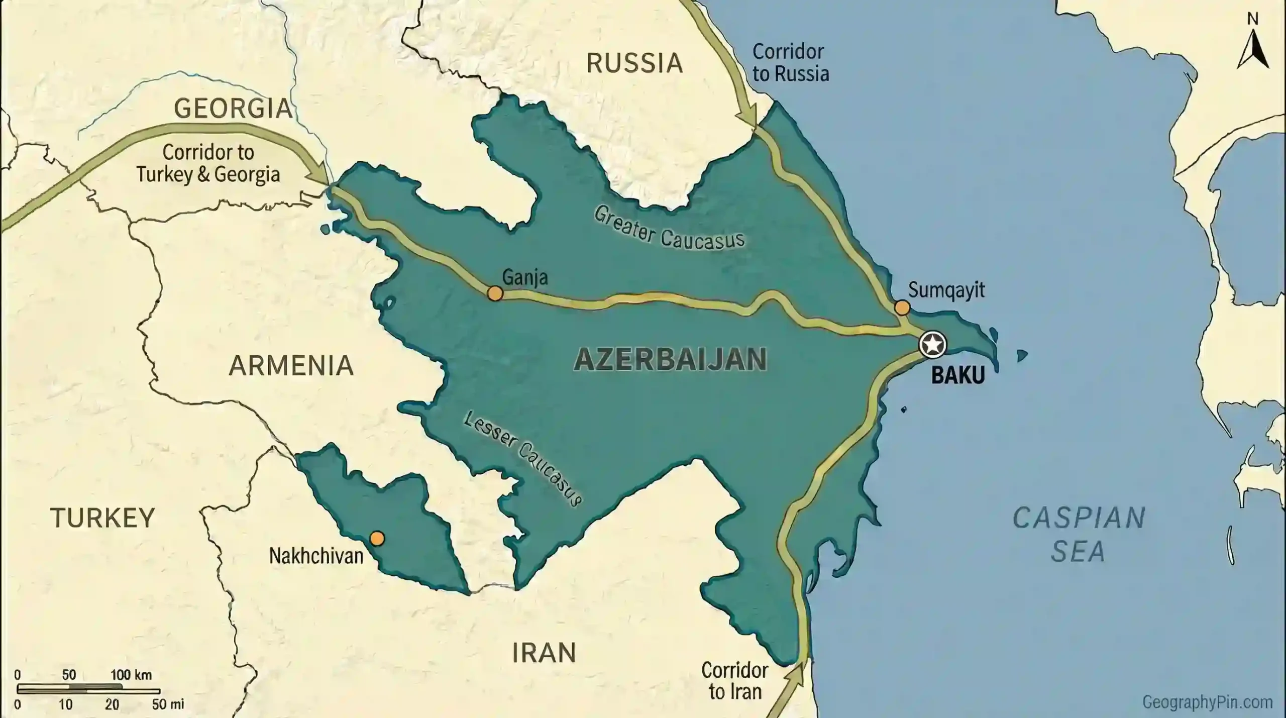 Regional map of Azerbaijan in the South Caucasus with neighbours and main transport corridors.