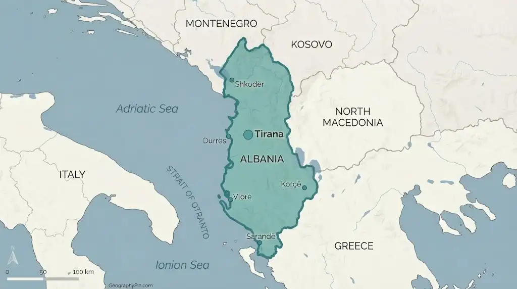 Regional map of Albania with neighbouring countries and surrounding seas.