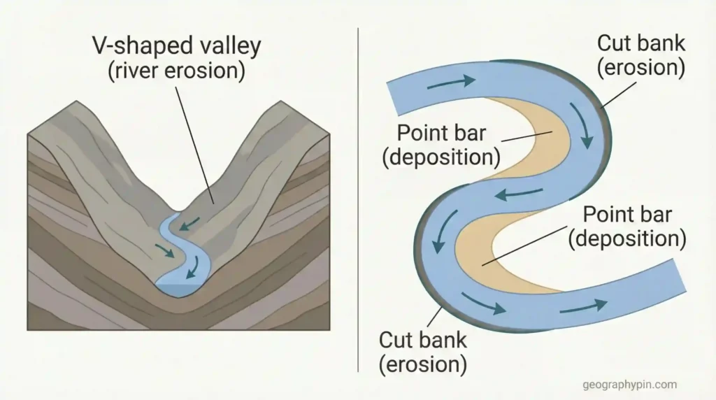 Split diagram showing a V-shaped river valley cross-section and a meander with erosion at the cut bank and deposition at the point bar