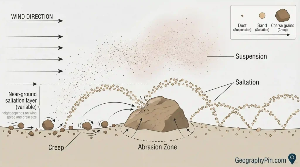 Diagram of wind transport showing dust in suspension, sand in saltation, coarse grains moving by creep, and an abrasion zone near the ground.