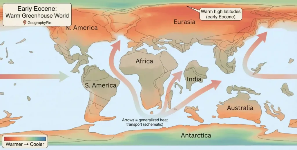 Simplified Early Eocene map showing warmer conditions reaching high latitudes and generalized heat transport arrows.
