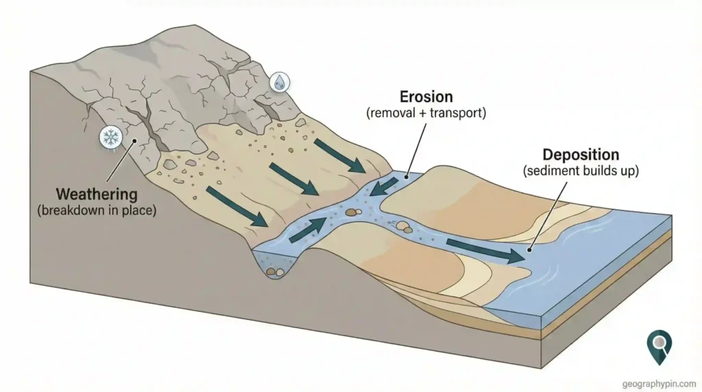 Diagram comparing weathering on a slope, erosion transporting sediment in a stream, and deposition where sediments build up downstream.