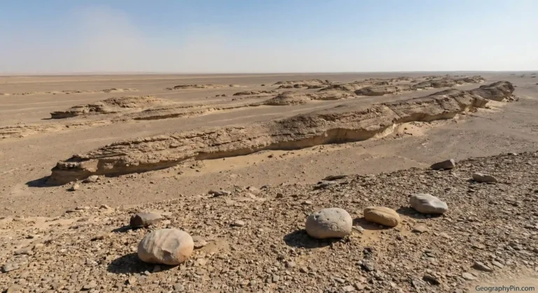 Wind-carved yardang ridges in a desert basin, with rounded stones on a gravelly surface in the foreground.
