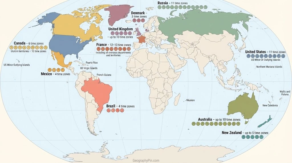 World map highlighting countries with the most time zones, including France, the United States and Russia.