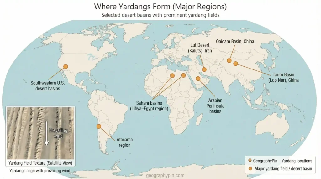 World map marking major yardang-forming desert basins, including Iran’s Lut Desert, Sahara basins, Arabian Peninsula basins, and basins in China and the U.S.