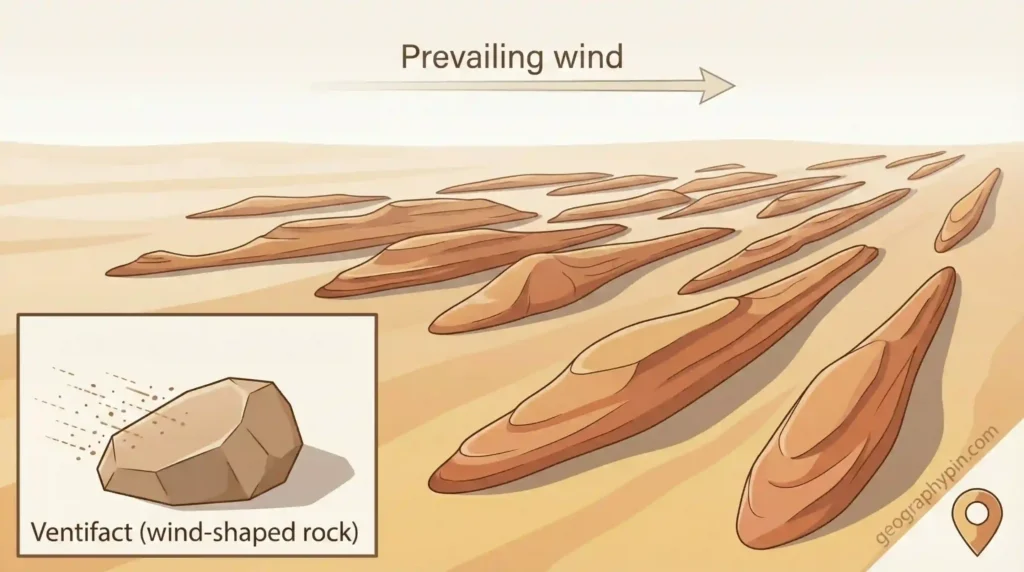 Yardang ridges aligned with prevailing wind, with an inset showing a ventifact shaped by wind-driven sand abrasion