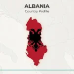 Stylised outline map of Albania in red with country profile heading.