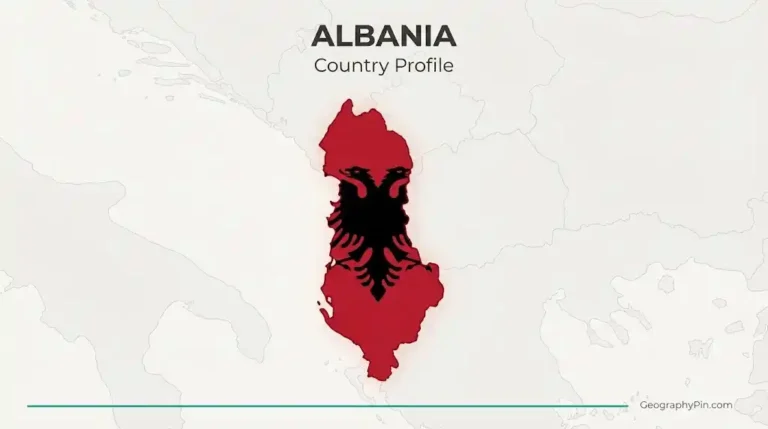 Stylised outline map of Albania in red with country profile heading.
