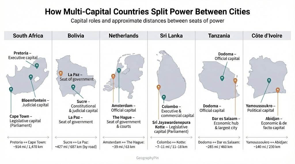 Infographic showing how South Africa, Bolivia, the Netherlands, Sri Lanka, Tanzania and Côte d’Ivoire split capital cities and distances between them.
