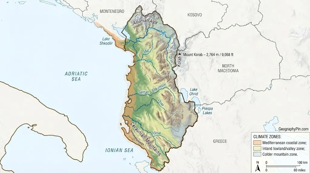 Shaded-relief map of Albania with rivers, lakes and climate zones.