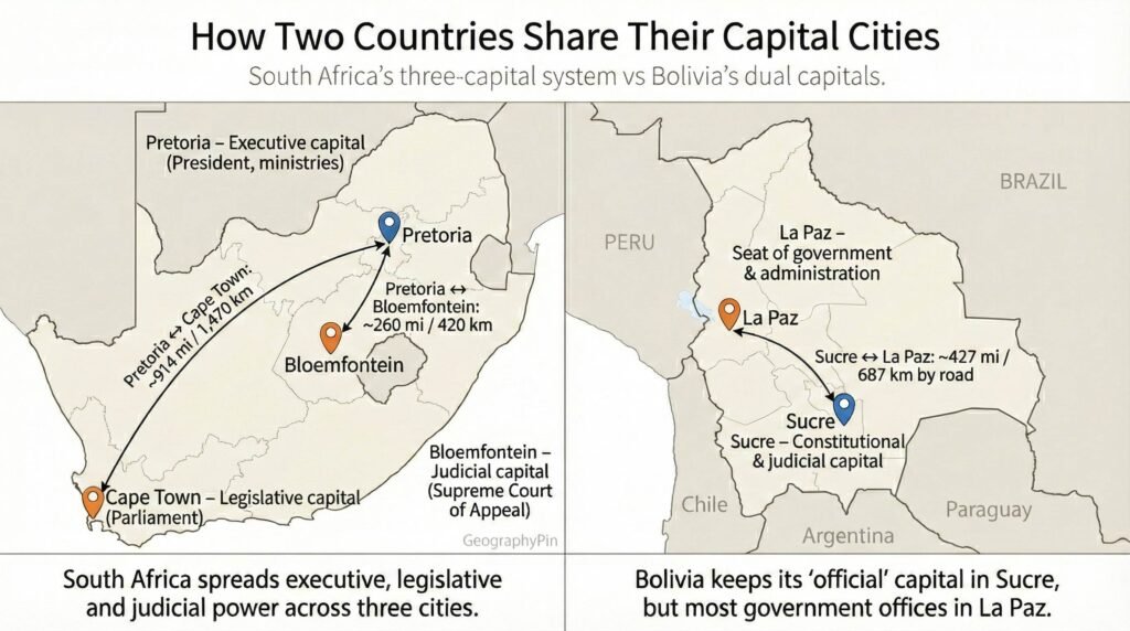 Side-by-side map comparing South Africa’s three capitals with Bolivia’s split between Sucre and La Paz.