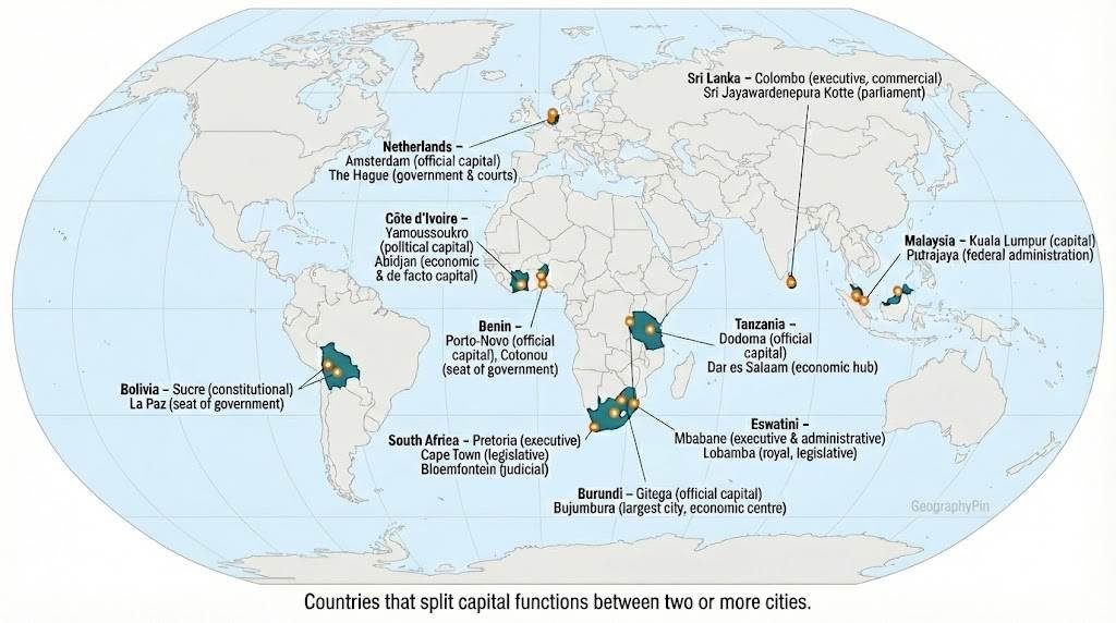 World map highlighting the main countries that have more than one capital city.