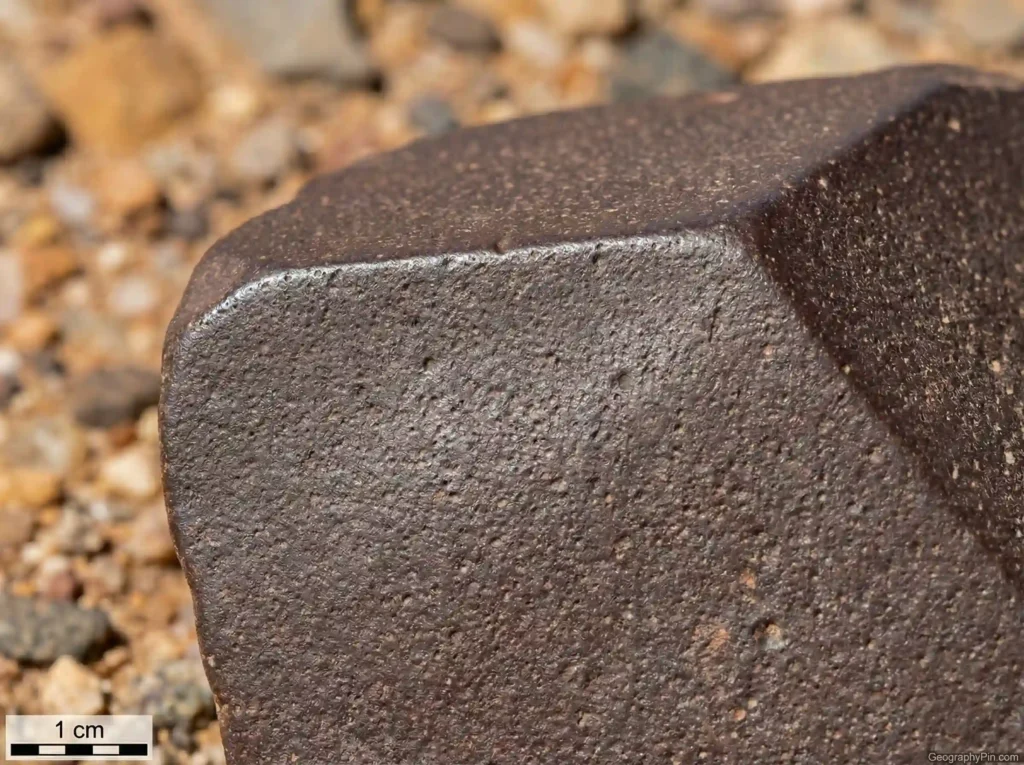 Close-up of a ventifact facet with sandblasted micro-pitting and a 1 cm scale bar for texture reference.