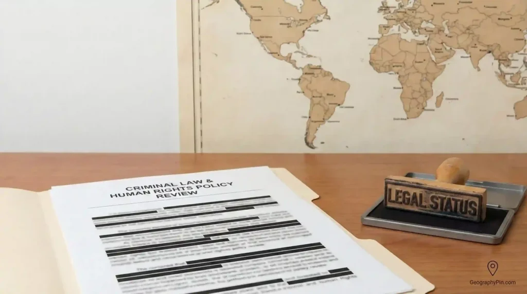 Legal status stamp beside a “Criminal Law & Human Rights Policy Review” document on a desk, with a world map in the background.