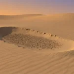 Deflation hollow in a dune field with an upwind scarp, coarse gravel lag on the hollow floor, and a low sand buildup on the downwind side.