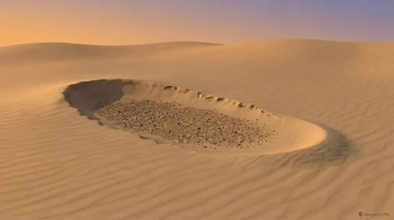 Deflation hollow in a dune field with an upwind scarp, coarse gravel lag on the hollow floor, and a low sand buildup on the downwind side.