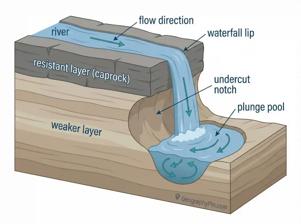 Waterfall cross-section showing a river flowing over resistant caprock above a weaker layer, with an undercut notch and a plunge pool at the base.