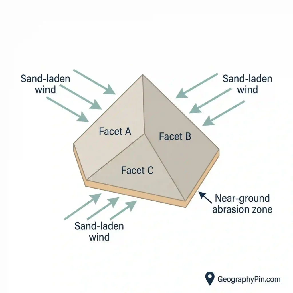 Diagram showing a dreikanter ventifact with three facets (A–C) shaped by sand-laden wind and strongest abrasion near the ground.