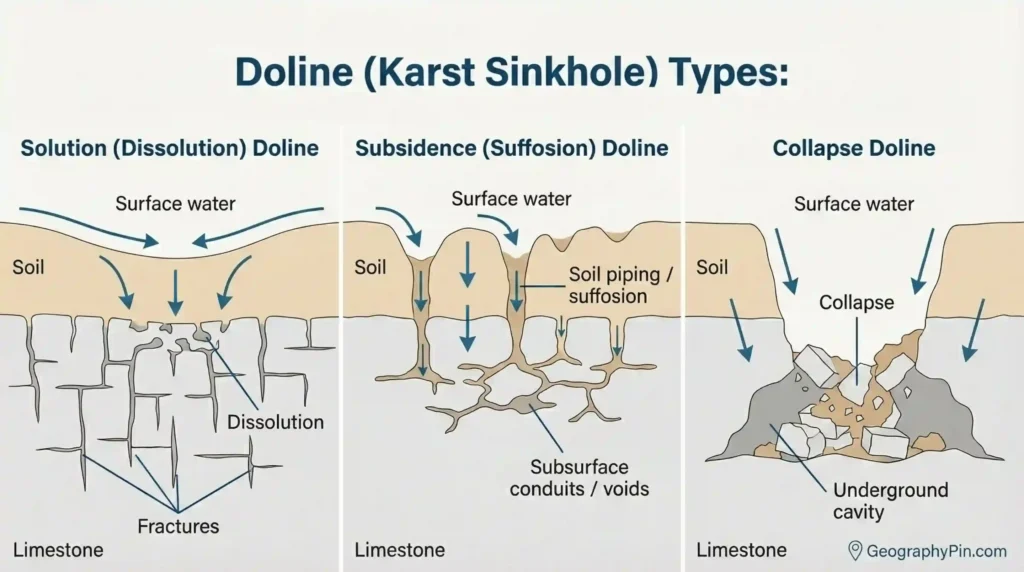 Diagram comparing solution (dissolution), subsidence (suffosion), and collapse dolines in karst limestone, showing surface water infiltration, fractures, soil piping, and an underground cavity.