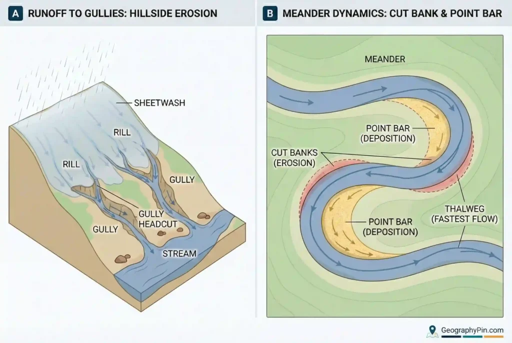 Two panels: (A) rainfall runoff concentrating into sheetwash, rills, and gullies that feed a stream; (B) a meandering river with cut banks, point bars, and the thalweg marked as the fastest-flow path.