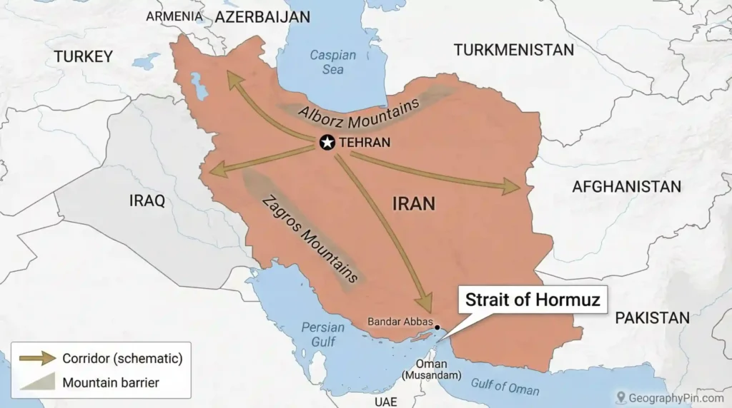 Schematic corridor map of Iran showing Tehran as a hub, Zagros and Alborz mountain barriers, and the Strait of Hormuz near Bandar Abbas.
