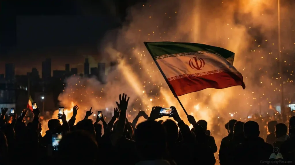 Iran flag waving above a silhouetted night crowd, with smoke, sparks, and firelight in the background.