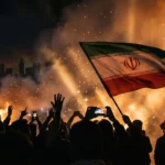 Iran flag waving above a silhouetted night crowd, with smoke, sparks, and firelight in the background.