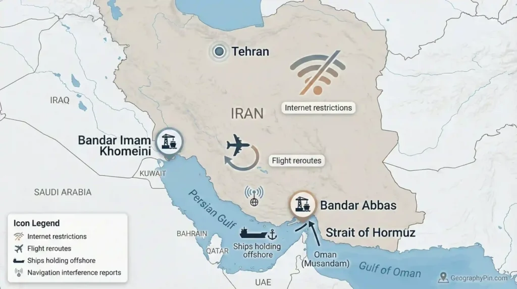 Map of Iran and the Persian Gulf labeling Tehran, Bandar Abbas, Bandar Imam Khomeini, and the Strait of Hormuz with icons for internet restrictions, flight reroutes, and ships holding offshore.