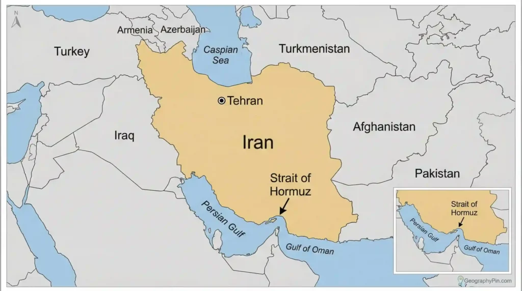 Locator map of Iran with neighboring countries and surrounding seas labeled, plus an inset highlighting the Strait of Hormuz.