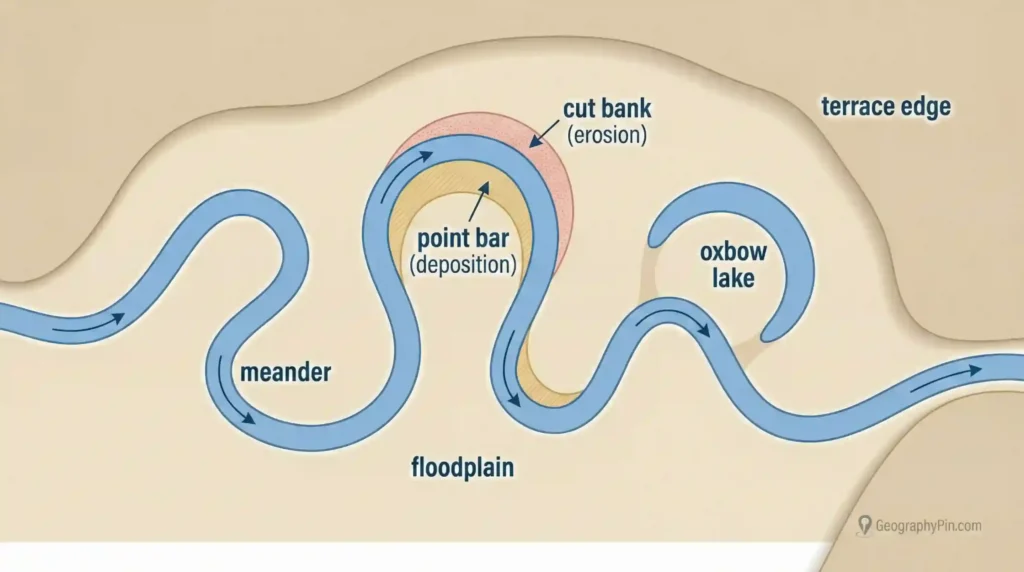Meandering river on a floodplain with the outside bend labeled “cut bank (erosion),” the inside bend labeled “point bar (deposition),” plus an oxbow lake and a terrace edge.