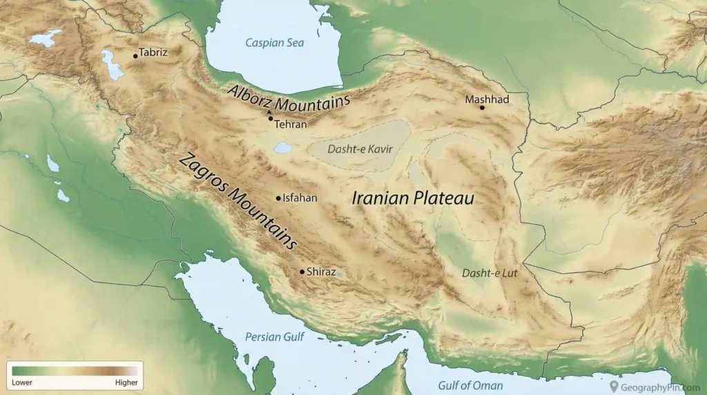 Shaded-relief map of Iran labeling the Zagros and Alborz Mountains, the Iranian Plateau, Dasht-e Kavir, and Dasht-e Lut, with key cities marked.