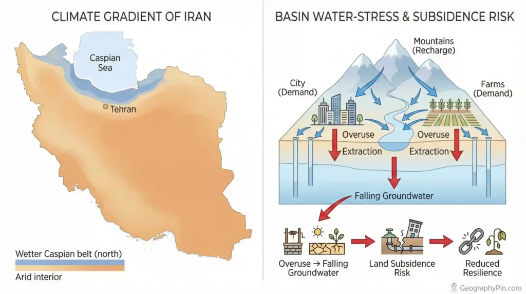 Two-panel graphic showing Iran’s wetter Caspian belt versus arid interior, plus a basin diagram explaining groundwater overuse and subsidence risk.