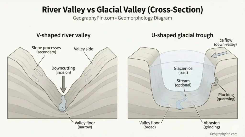 Side-by-side cross-sections comparing a V-shaped river valley shaped by downcutting to a U-shaped glacial trough with broad floor, glacier ice, abrasion, and plucking.