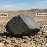 Labeled ventifact on desert pavement showing a polished facet, fine pitting, and a sharp edge formed by wind-blown sand abrasion.