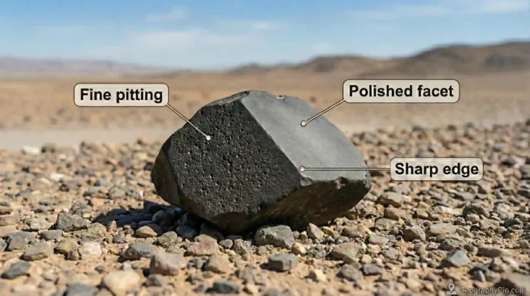 Labeled ventifact on desert pavement showing a polished facet, fine pitting, and a sharp edge formed by wind-blown sand abrasion.
