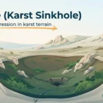 Illustration of a doline (karst sinkhole) as a closed depression in karst terrain, with inward slopes and a wetter, vegetated bottom where water collects.