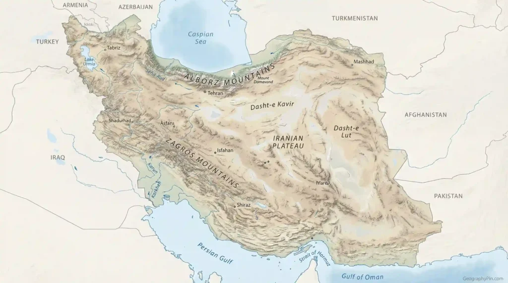 Shaded-relief map of Iran showing the Alborz and Zagros Mountains, the Iranian Plateau, Dasht-e Kavir, Dasht-e Lut, and the Caspian Sea and Persian Gulf/Gulf of Oman.