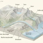 Labeled geomorphology plate showing a cirque with a tarn, a horn, a knife-edge arête, a U-shaped valley, a roche moutonnée with stoss–lee shape, striations, and a fjord.